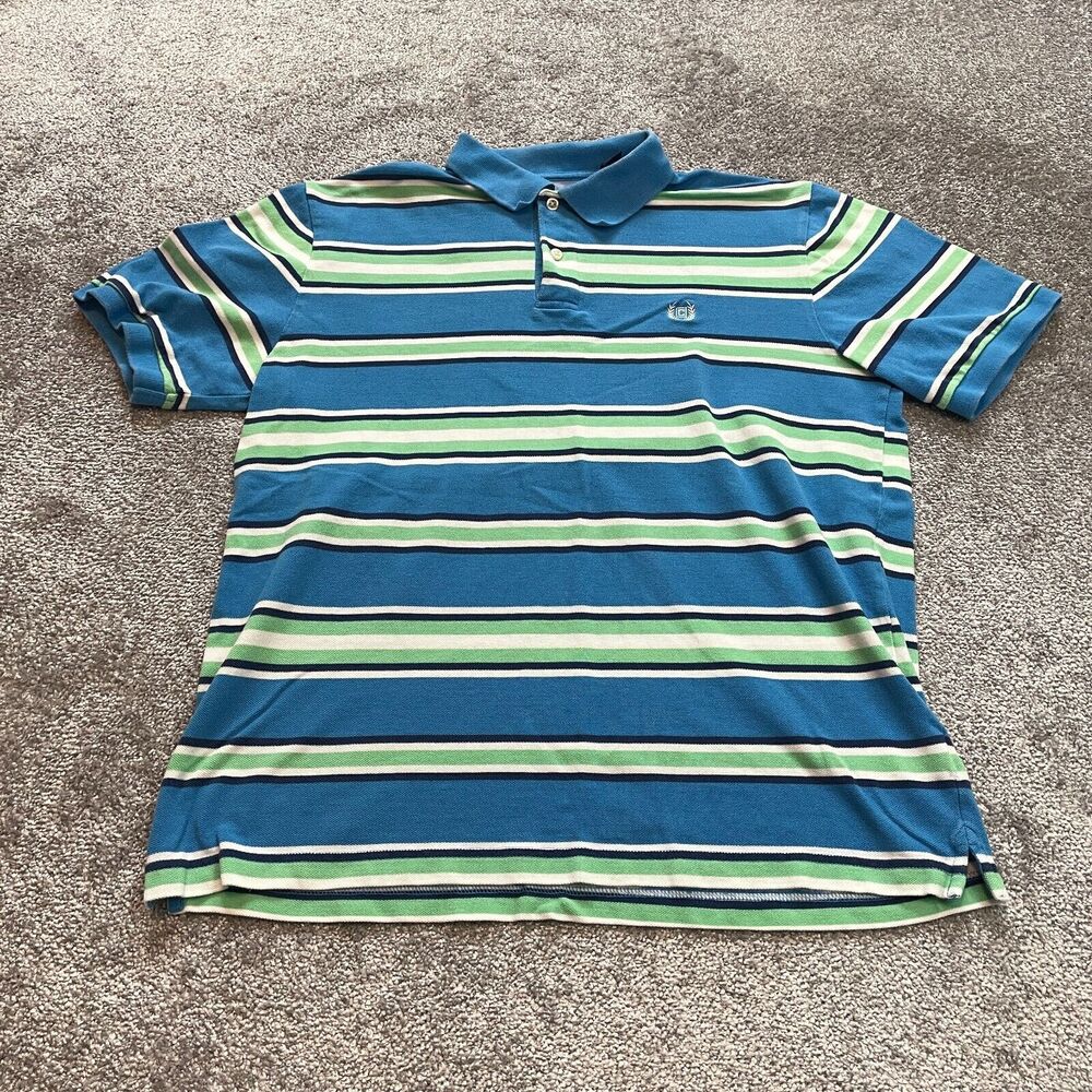 Chaps Polo Shirt Mens Large Blue Green Striped Golf Logo Rugby Cotton Preppy